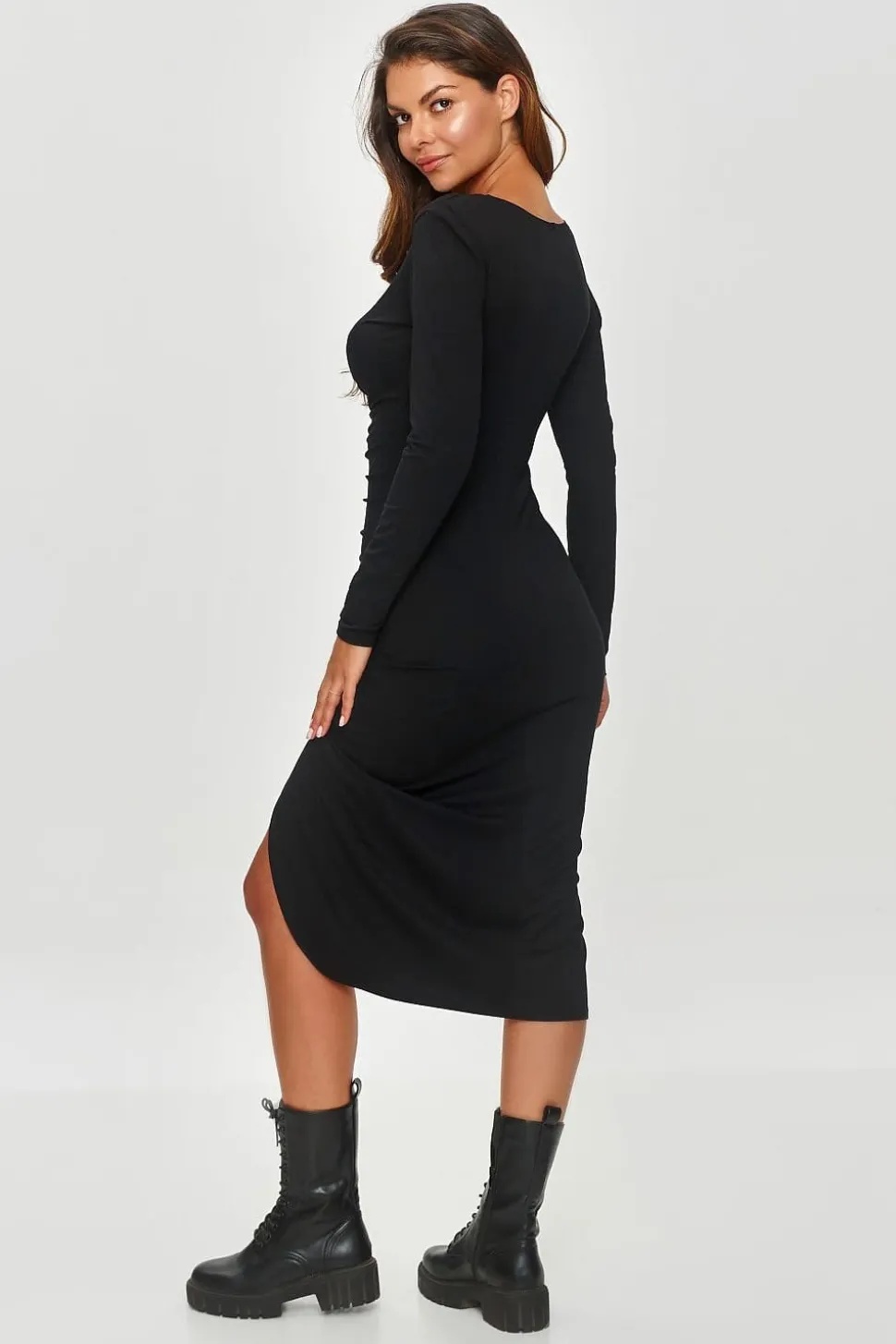 Robe drapée moulante midi manches longues