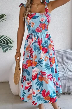 Robe d'été fleurie midi à bretelles