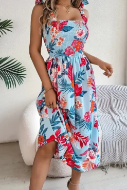 Robe d'été fleurie midi à bretelles