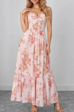 Robe d'été longue bohème rose à motifs floraux