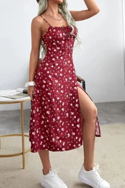 Robe d'été midi imprimé floral et fente haute