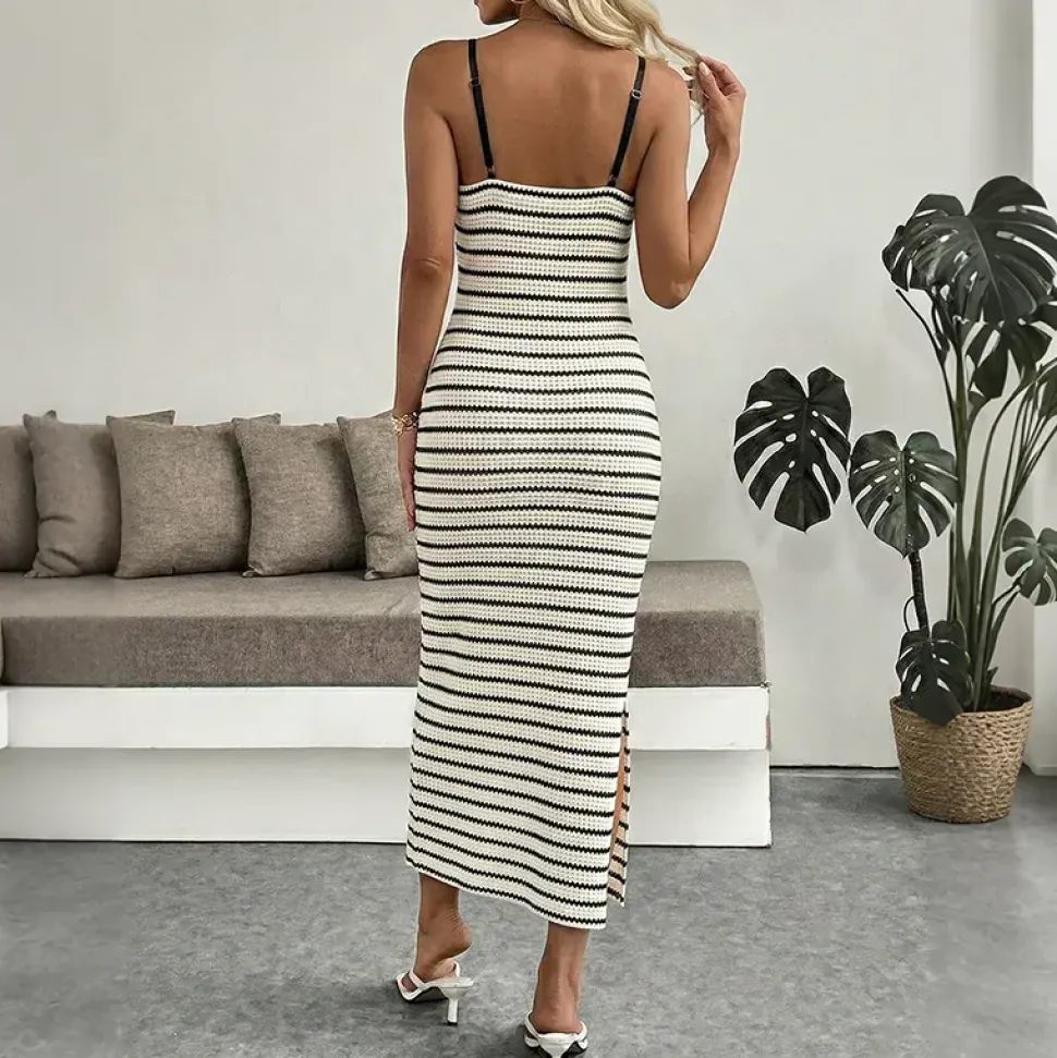 Robe d'été moulante midi en maille fine à rayures horizontales noir et blanc
