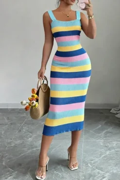 Robe d'été à rayures arc-en-ciel moulante