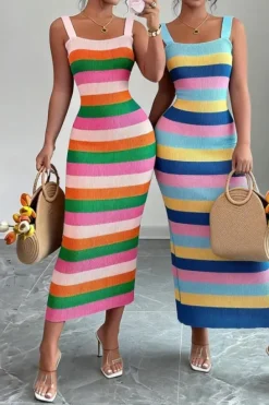 Robe d'été à rayures arc-en-ciel moulante