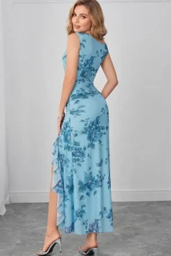 Robe fleurie bleue asymétrique pour été