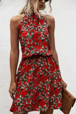 Robe fleurie courte col halter