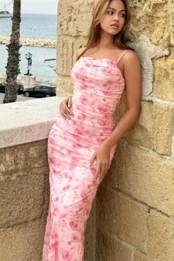 Robe fleurie drapée longue rose