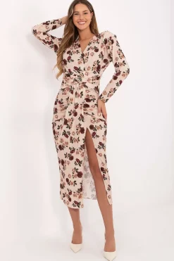 Robe fleurie fendue manches longues midi