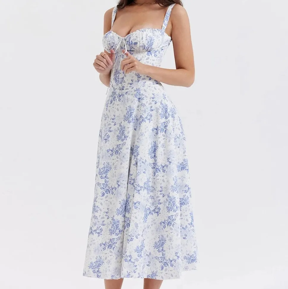 Robe fleurie fendue midi à bretelles