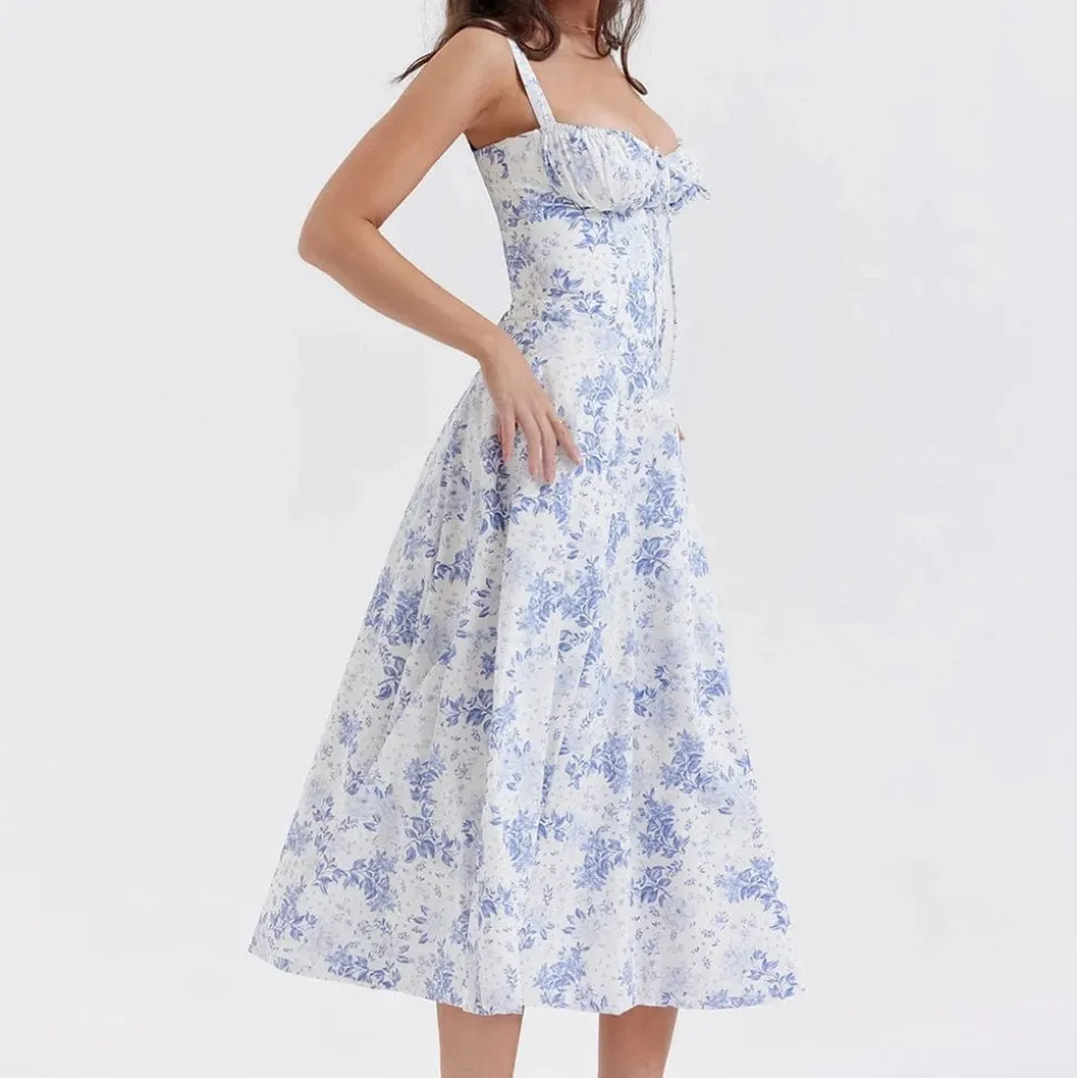 Robe fleurie fendue midi à bretelles