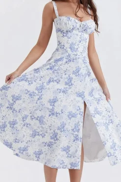 Robe fleurie fendue midi à bretelles