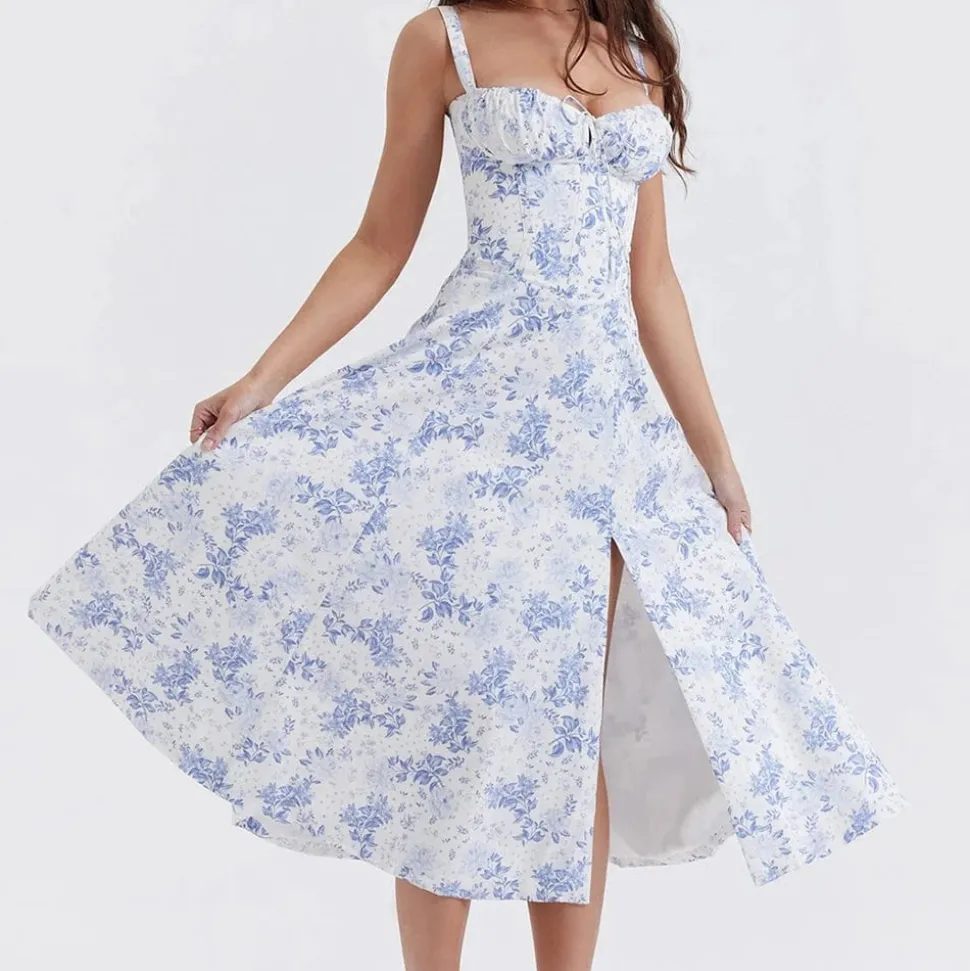 Robe fleurie fendue midi à bretelles
