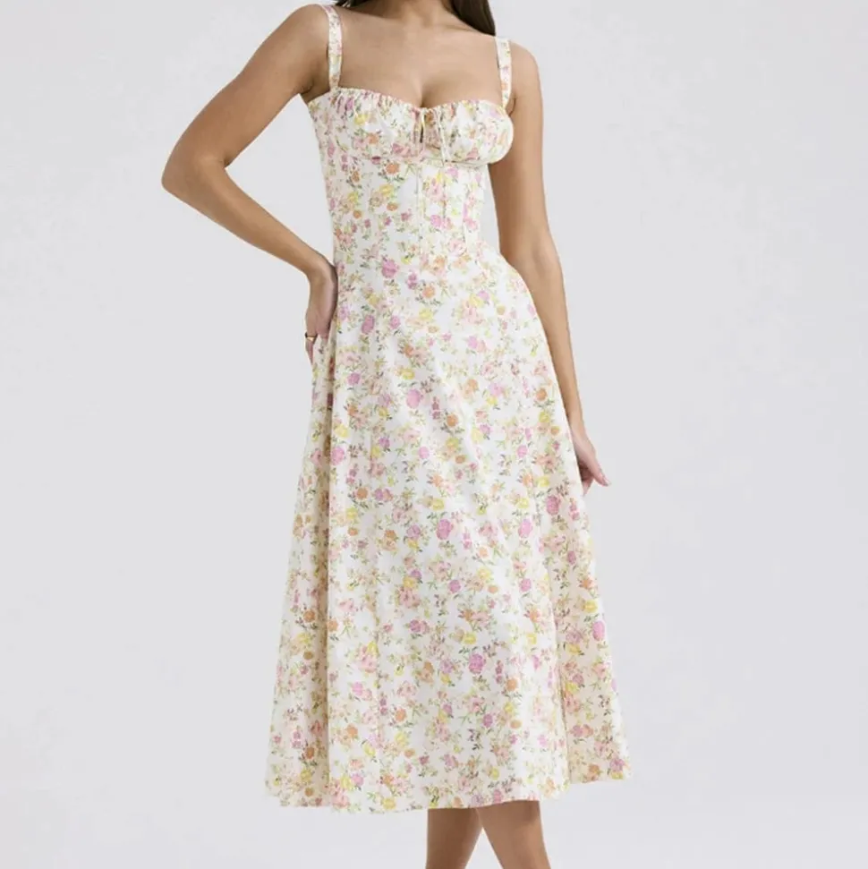 Robe fleurie fendue midi à bretelles