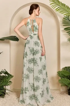 Robe fleurie longue fendue sans manches