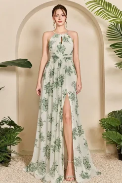 Robe fleurie longue fendue sans manches