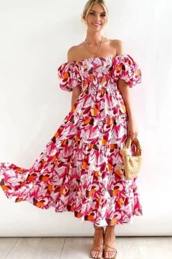 Robe fleurie midi épaules dénudées