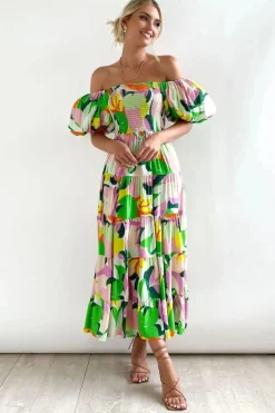 Robe fleurie midi épaules dénudées