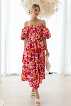 Robe fleurie midi épaules dénudées