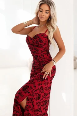 Robe fleurie rouge longue moulante