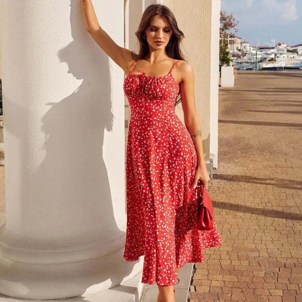 Robe fleurie rouge midi avec fente
