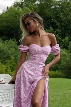 Robe florale sexy fendue épaules dénudées
