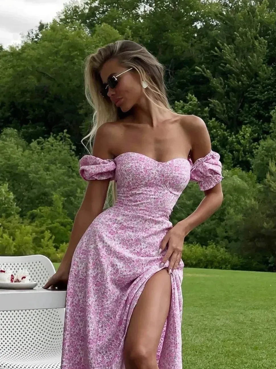 Robe florale sexy fendue épaules dénudées