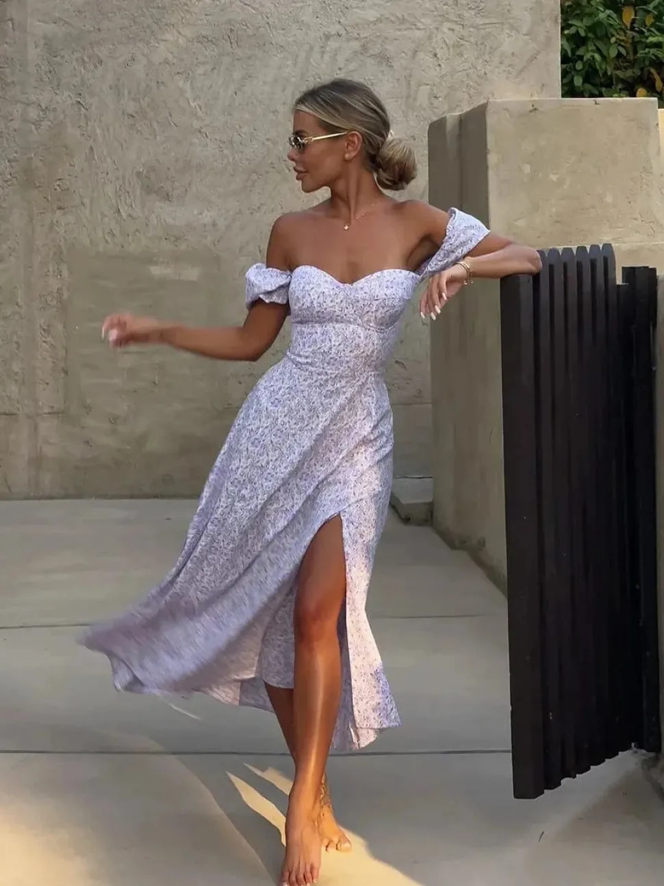 Robe florale sexy fendue épaules dénudées