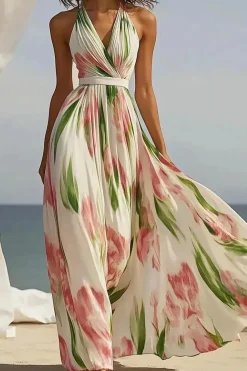 Robe fluide fleurie longue sans manches