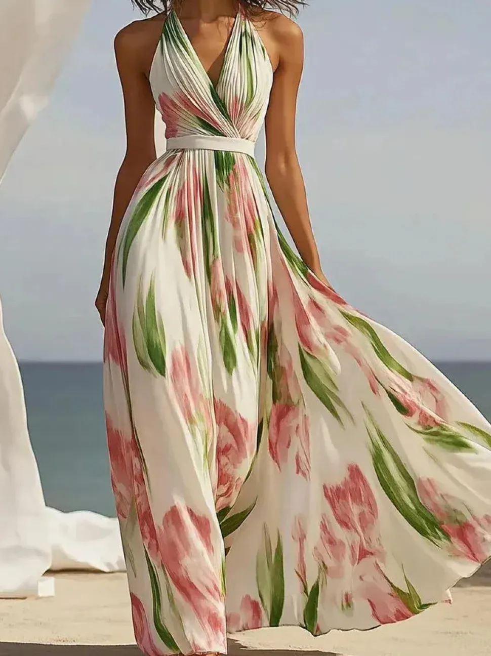 Robe fluide fleurie longue sans manches