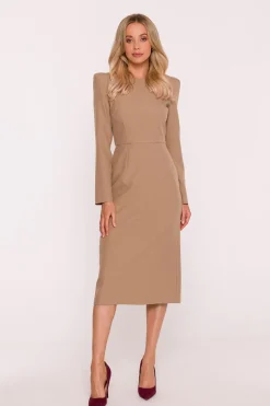 Robe habillée beige midi manches longues