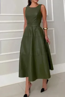 Robe habillée verte midi élégante sans manches