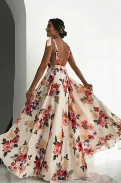 Robe invitée au mariage fleurie longue dos nu