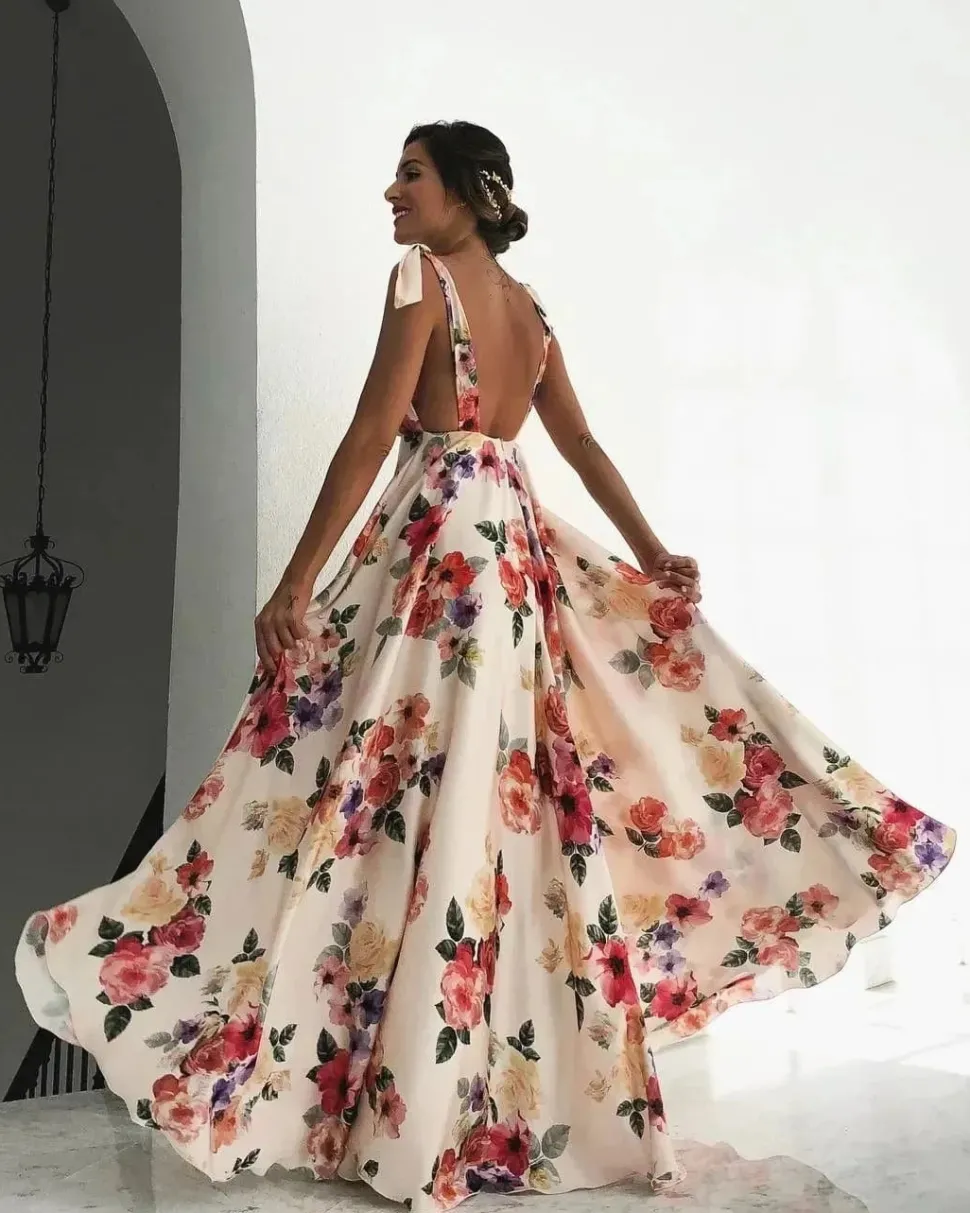 Robe invitée au mariage fleurie longue dos nu