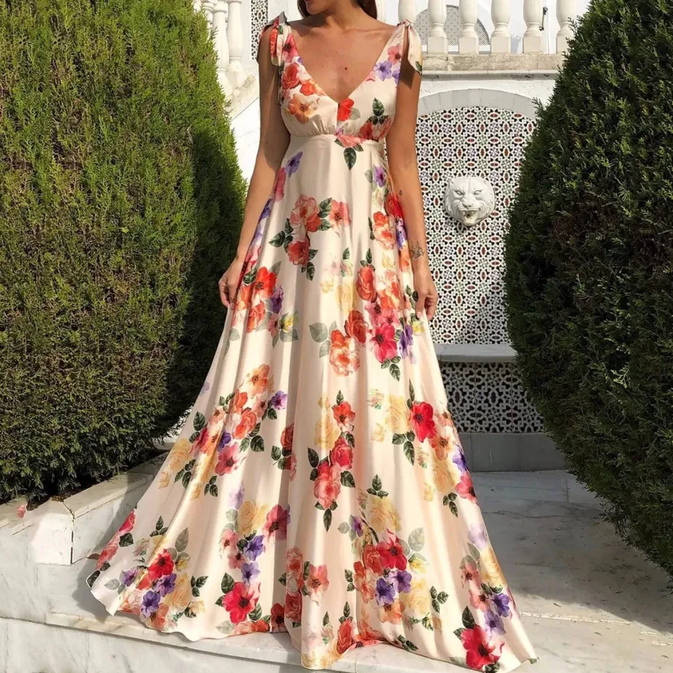 Robe invitée au mariage fleurie longue dos nu
