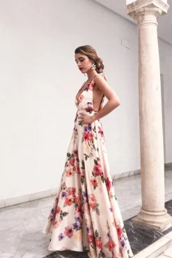 Robe invitée au mariage fleurie longue dos nu
