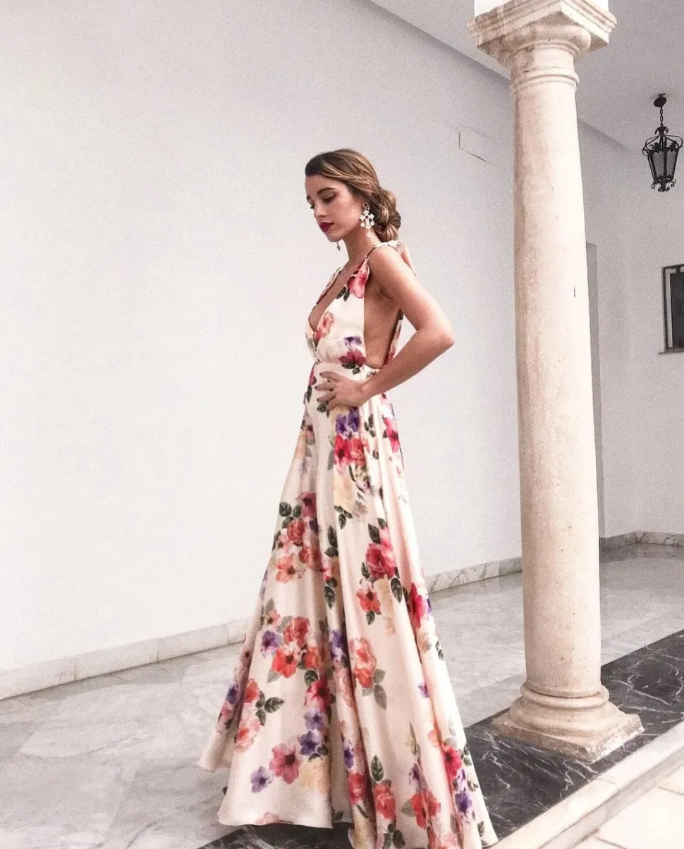 Robe invitée au mariage fleurie longue dos nu