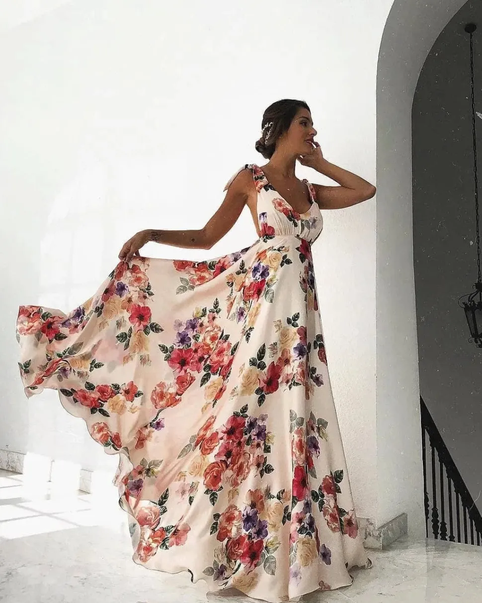 Robe invitée au mariage fleurie longue dos nu