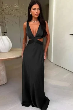 Robe invitée au mariage longue satinée col en V