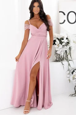 Robe invitée au mariage rose fendue longue