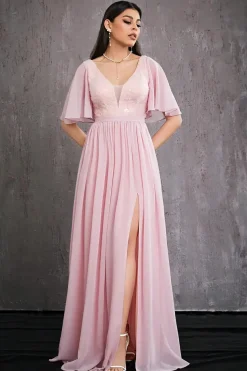 Robe invitée au mariage rose longue fendue
