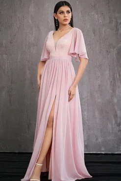 Robe invitée au mariage rose longue fendue