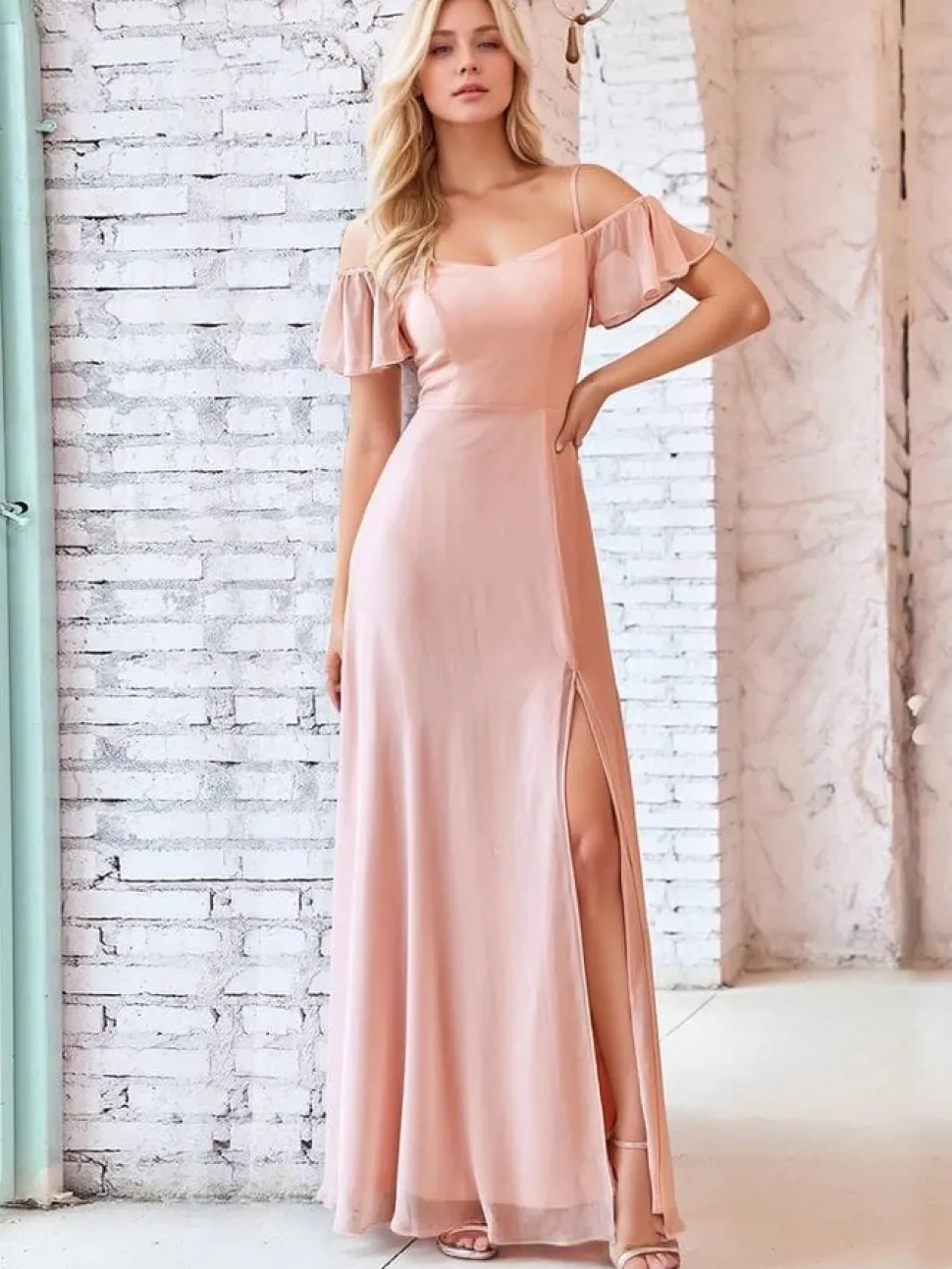 Robe invitée de mariage longue rose poudré