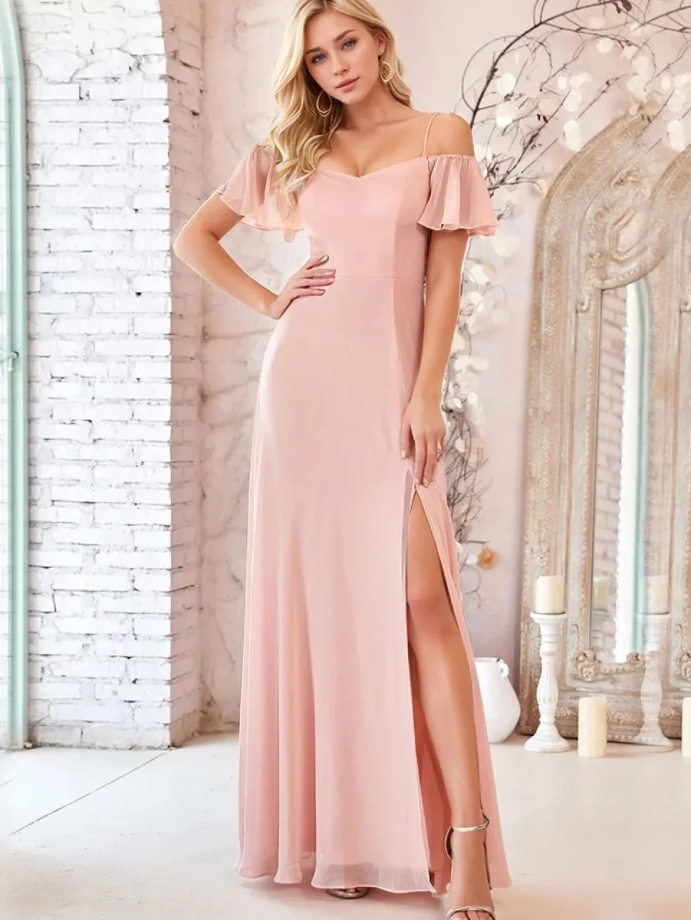 Robe invitée de mariage longue rose poudré