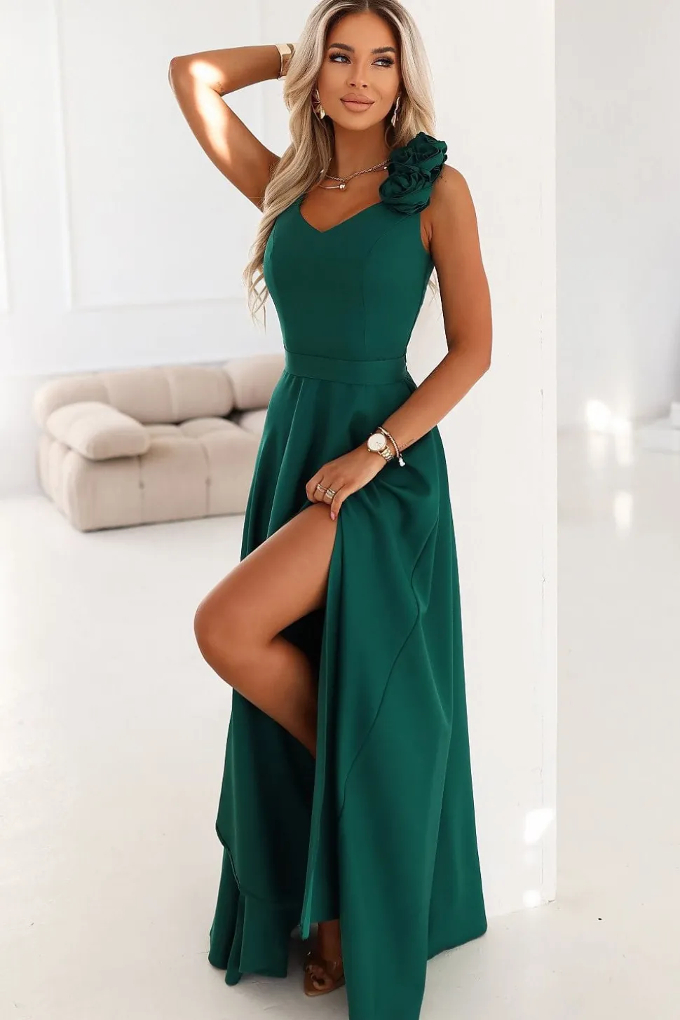 Robe invitée de mariage longue verte sans manches