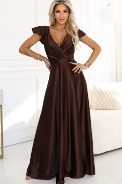 Robe invitée de mariage marron longue satinée