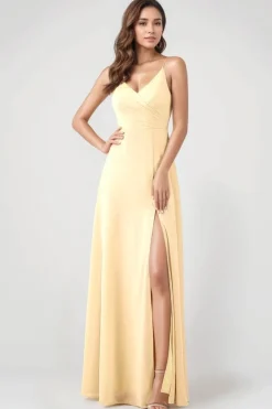 Robe jaune longue fendue pour invitée au mariage