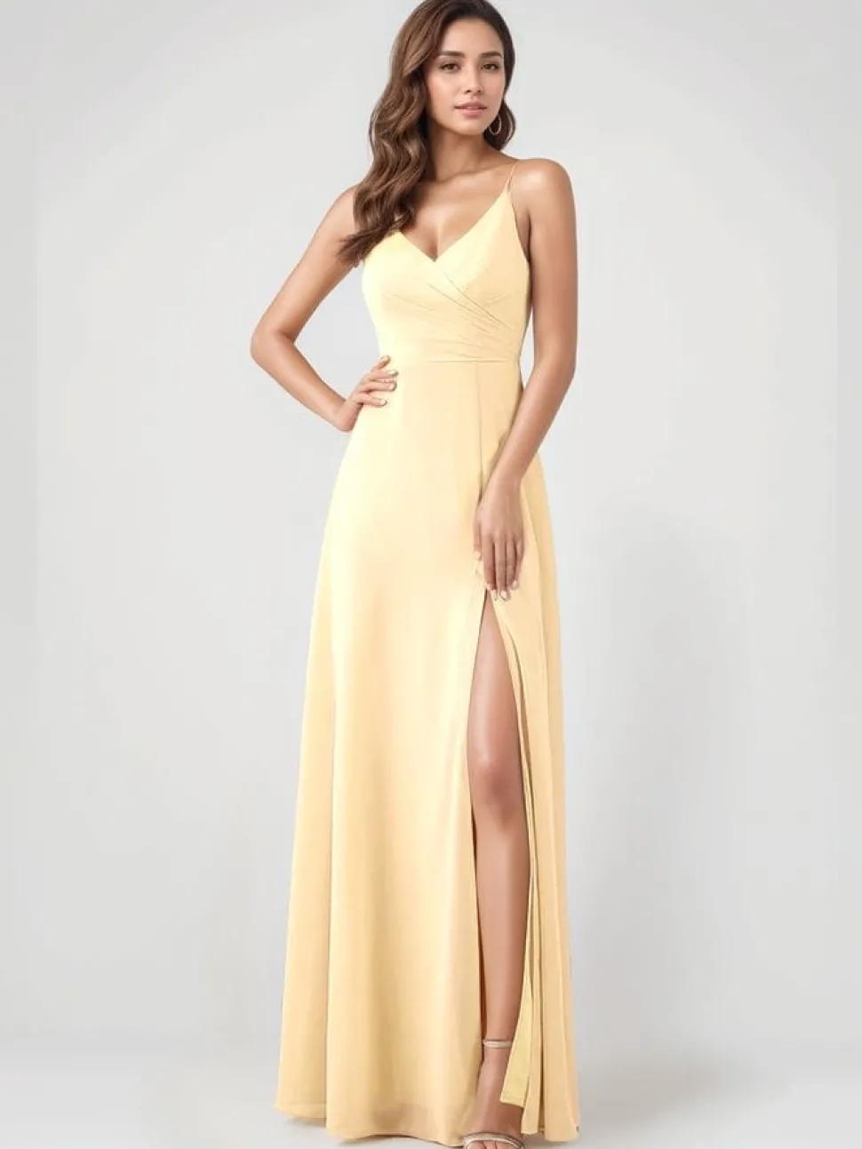 Robe jaune longue fendue pour invitée au mariage