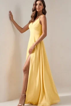 Robe jaune longue fendue pour invitée au mariage