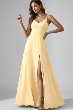 Robe jaune longue fendue pour invitée au mariage