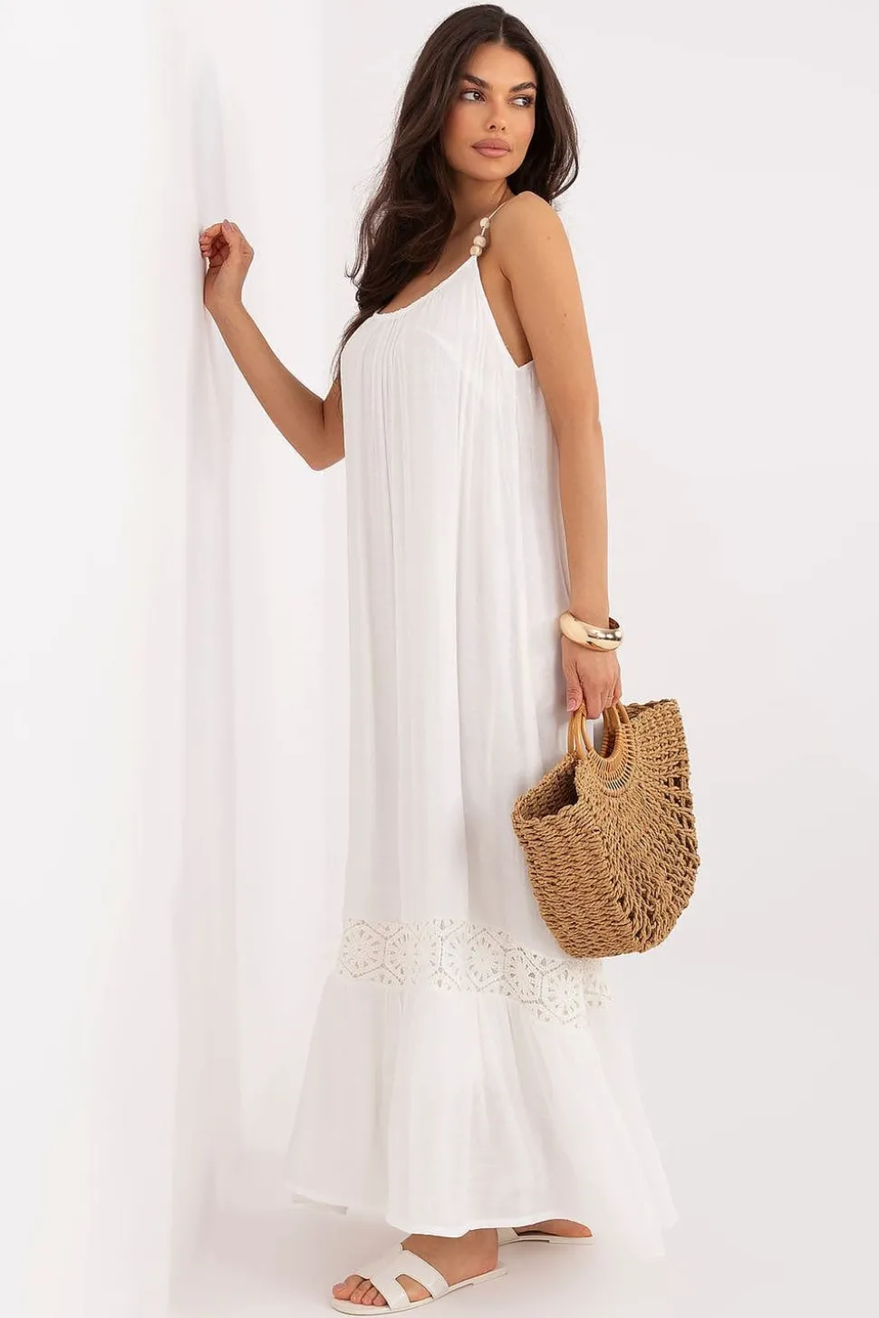 Robe longue blanche bohème en gaze de coton